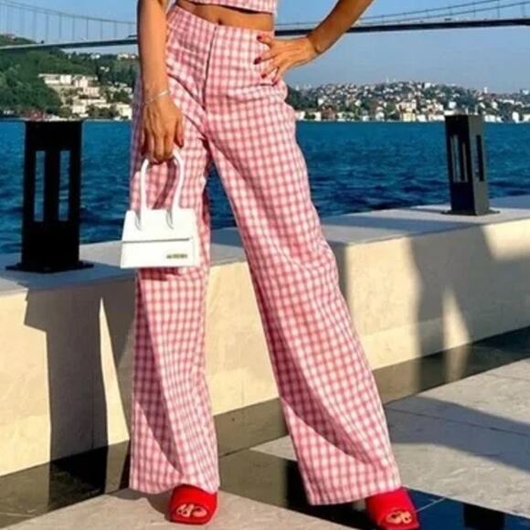 ZARA Full Length Gingham Plaid Wide Leg Pants High Rise Trouser Pink/ White - Picture 1 of 12